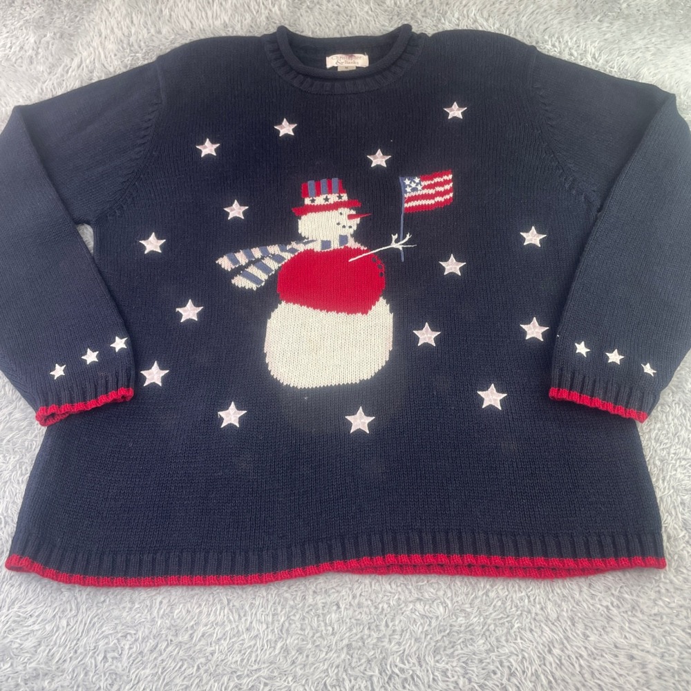 Christopher Banks Sweater Womens M Navy Patriotic Snowman Americana Vintage Y2K